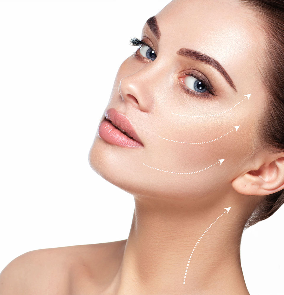 portrait of beautiful woman with perfect skin of the face, with arrows on face, concept of lifting skin.